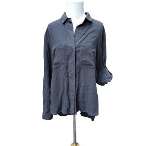 Cloth & Stone Split Back Button Down Charcoal Gray Top Blouse Roll Tab Sz Small